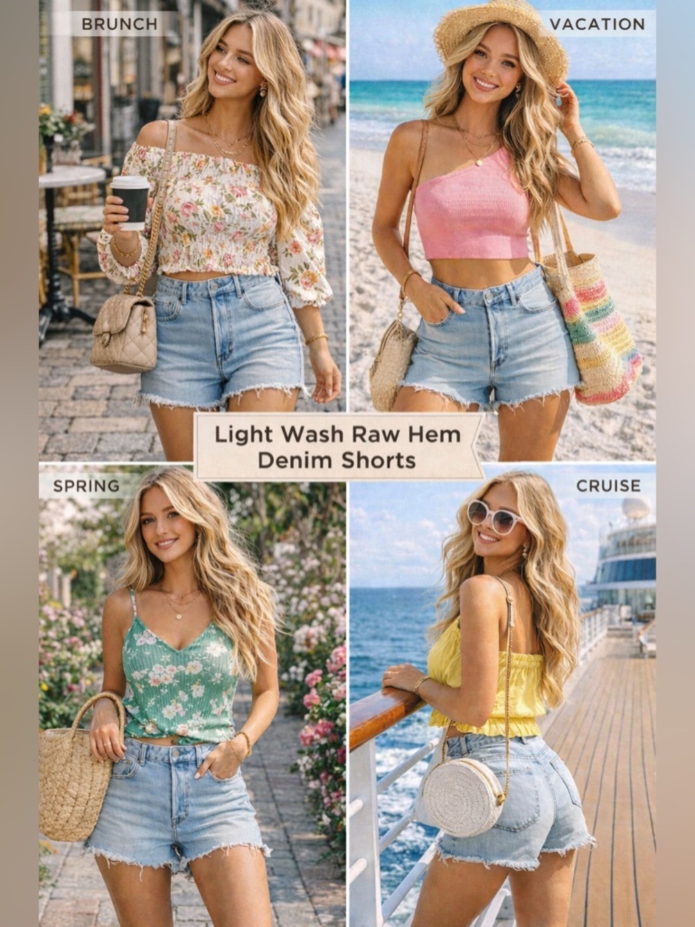 Light Wash Raw Hem Denim Shorts - Light Blue